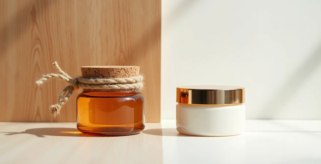 Comparaison visuelle entre emballages de cosmétiques naturels et conventionnels