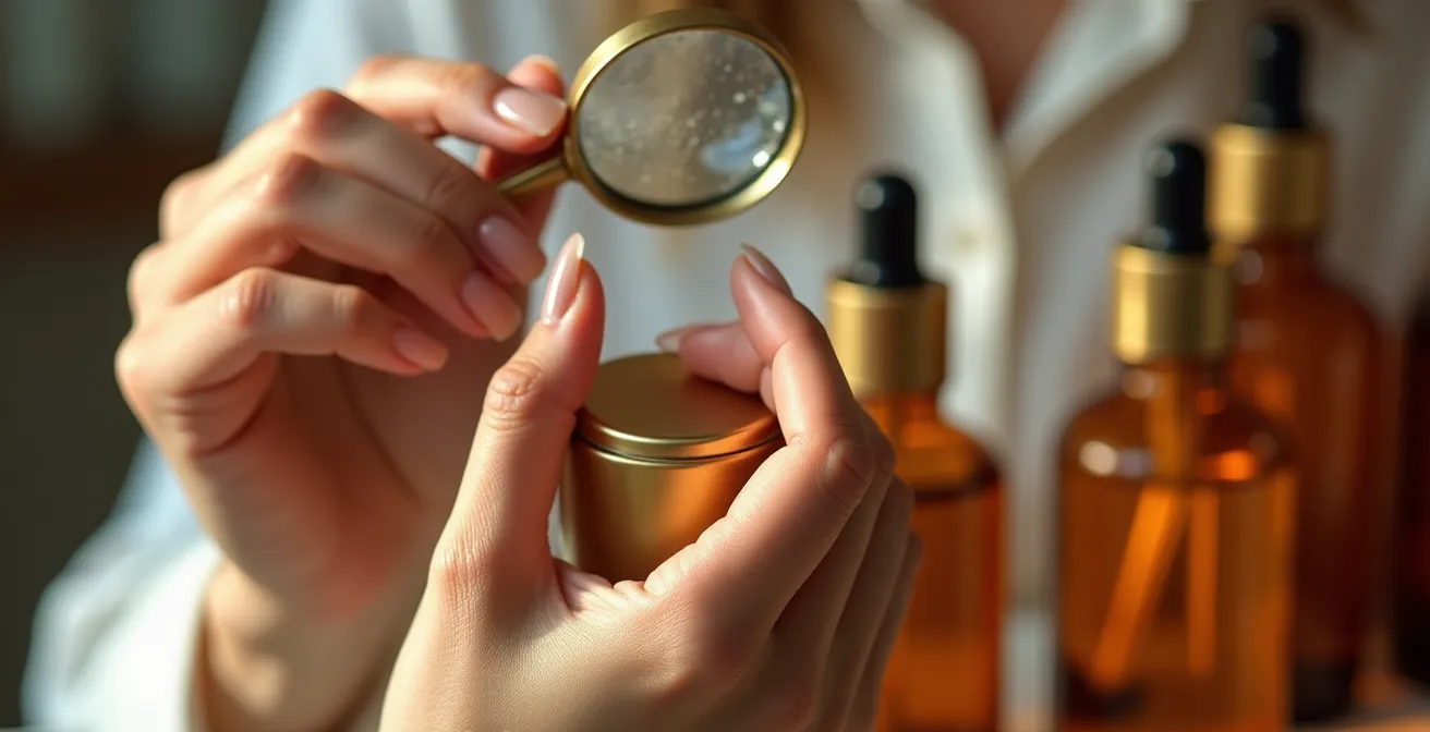 Main tenant une loupe examinant une étiquette cosmétique