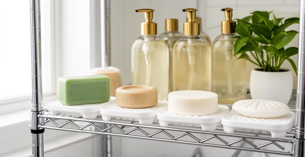 Rangement de cosmétiques solides sur étagère de salle de bain