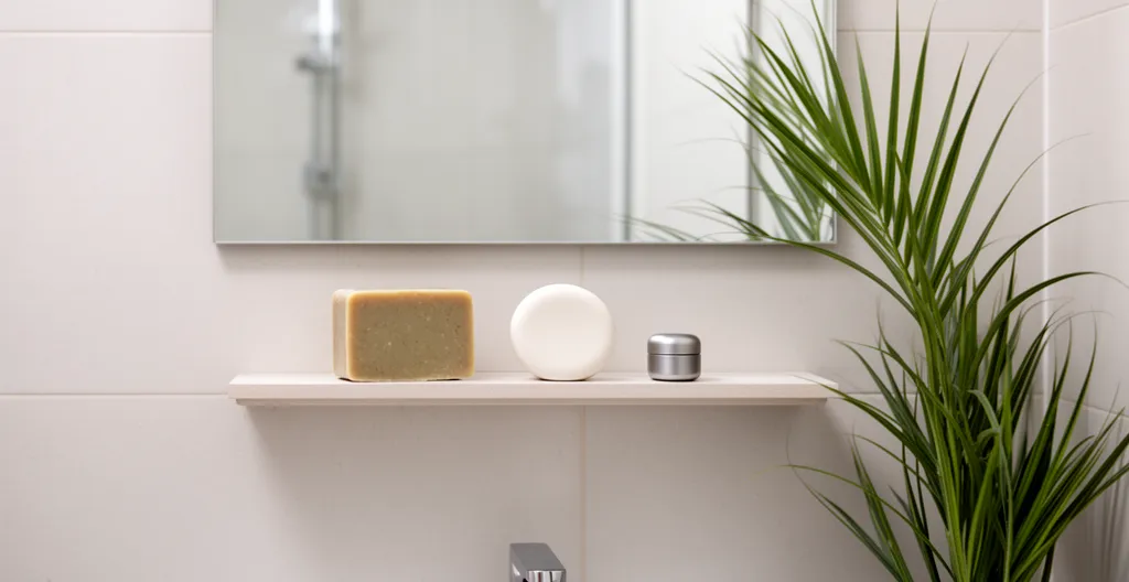 Salle de bain minimaliste avec cosmétiques solides organisés