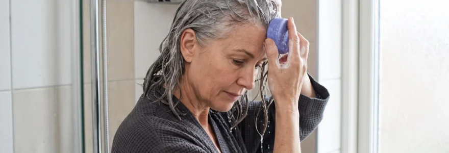 Femme aux cheveux blancs massant ses racines avec un shampoing solide bleu sous la douche