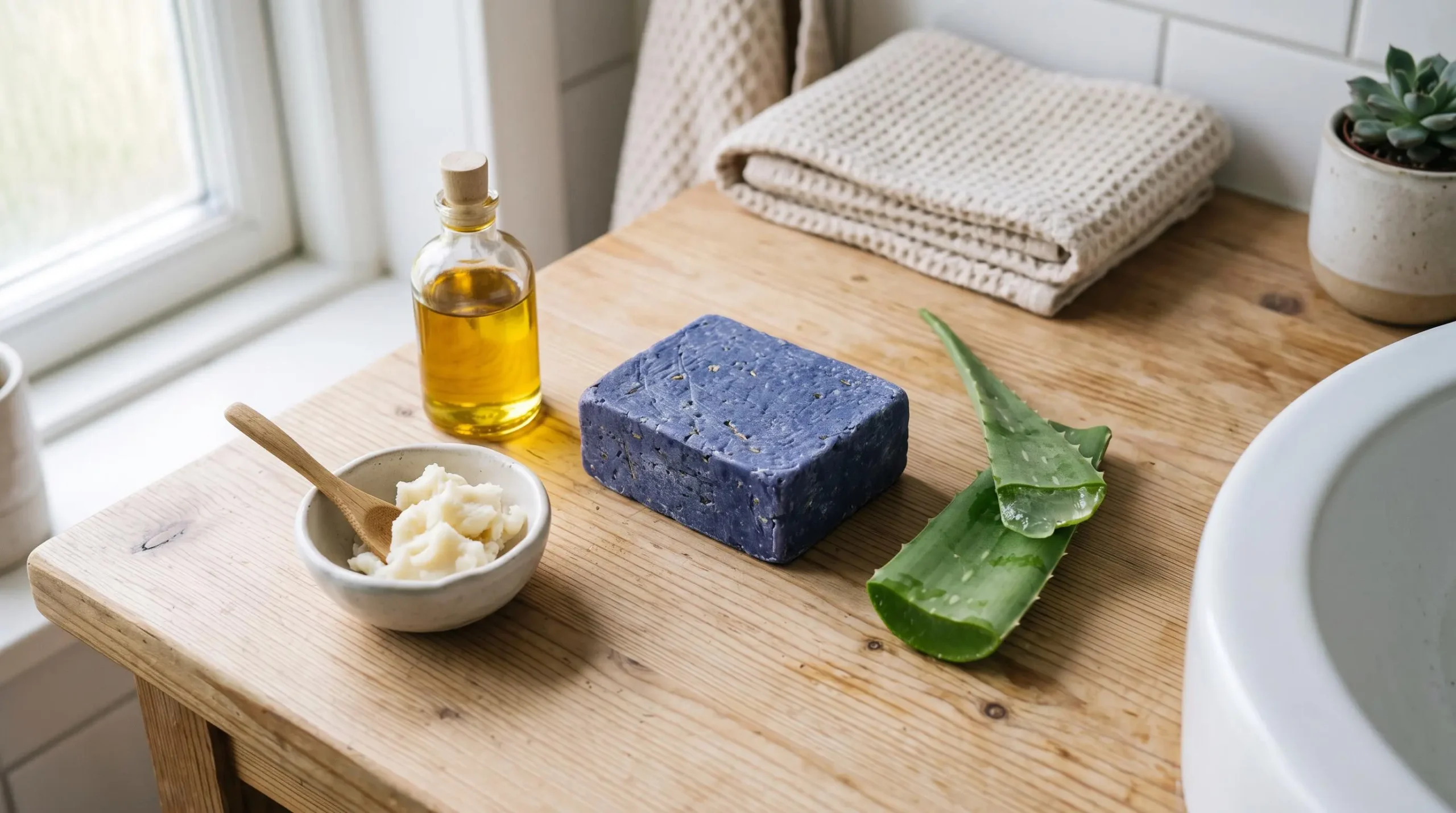 Shampoing solide bleu entouré d'ingrédients naturels nourrissants sur un comptoir de salle de bain