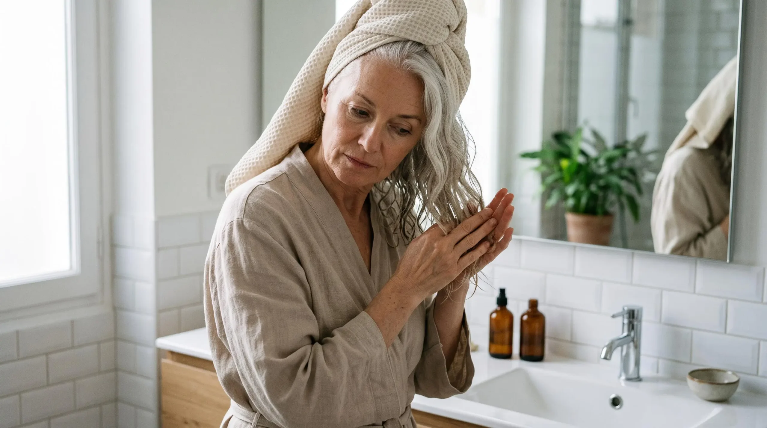 Femme aux cheveux blancs appliquant un soin réparateur sur les longueurs de ses cheveux